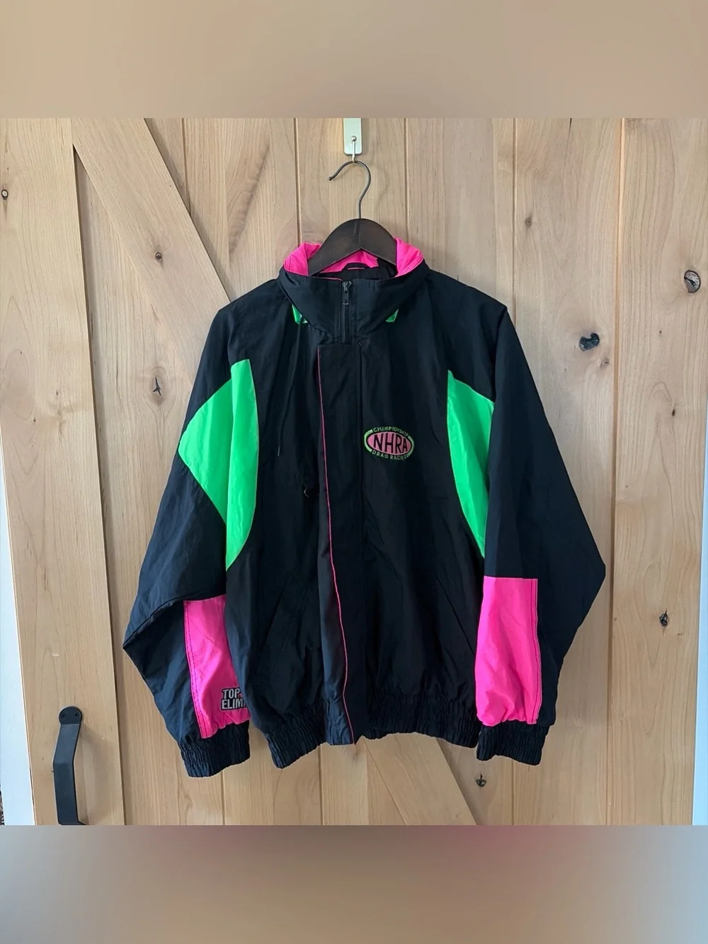 Vtg NHRA Black Neon Racing Jacket Main Gate PowerAde Drag Racing Sport Service